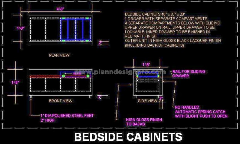 Bedside Table Free CAD Drawing- Elevation and Sections